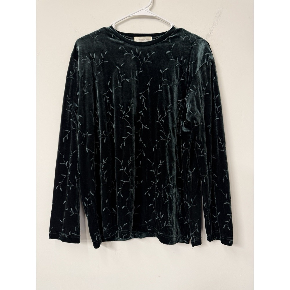Jones New York Velour Shirt‎ Women's Petite Large Dark Green Velvet Embroidered